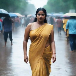 An Indian woman with a curvy body wearing a tight saree and sleeveless blouse, drenched in rain