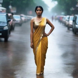 An Indian woman with a curvy body wearing a tight saree and sleeveless blouse, drenched in rain