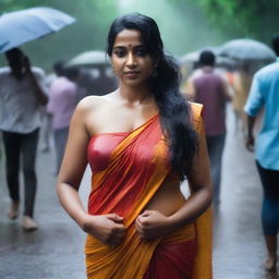 An Indian woman with a curvy body wearing a tight saree and sleeveless blouse, drenched in rain