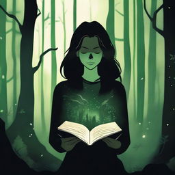 A front view silhouette of a woman holding a book, set in a mystical, very dark, dense, and large greenish forest