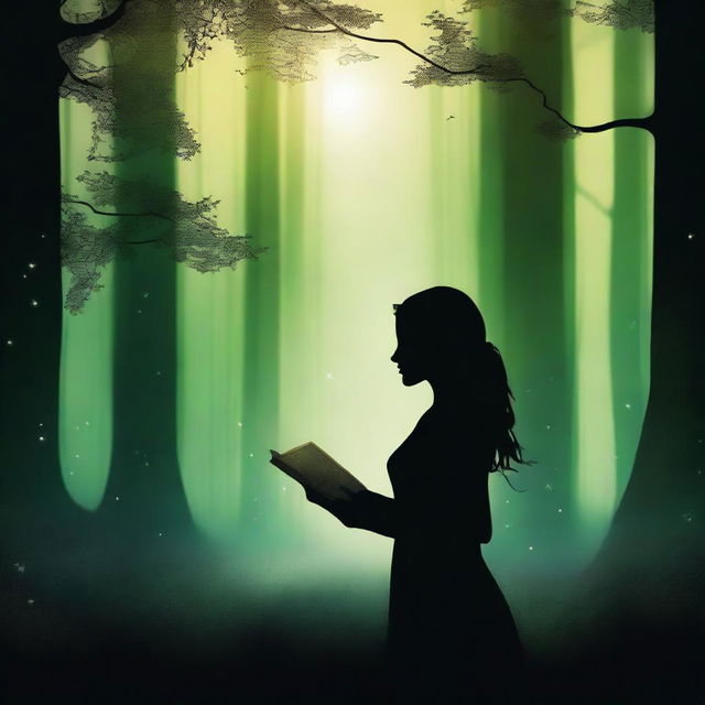 A front view silhouette of a woman holding a book, set in a mystical, very dark, dense, and large greenish forest