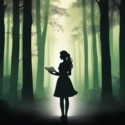 A front view silhouette of a woman holding a book, set in a mystical, very dark, dense, and large greenish forest