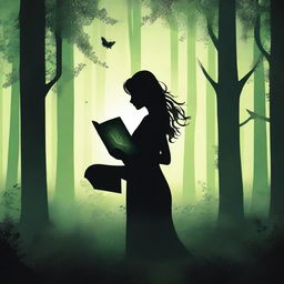 A front view silhouette of a woman holding a book, set in a mystical, very dark, dense, and large greenish forest