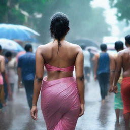 An Indian woman with a curvy body wearing a tight saree and sleeveless blouse, drenched in rain