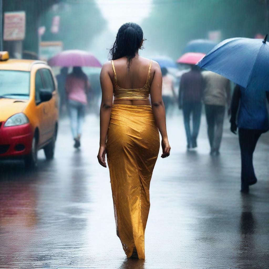 An Indian woman with a curvy body wearing a tight saree and sleeveless blouse, drenched in rain