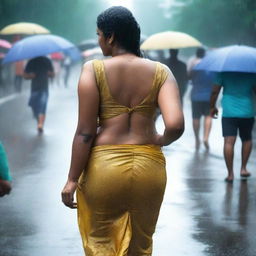 An Indian woman with a curvy body wearing a tight saree and sleeveless blouse, drenched in rain