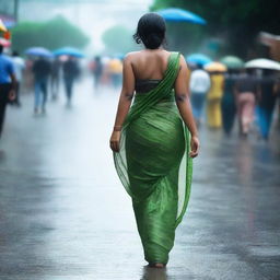 An Indian woman with a curvy body wearing a tight saree and sleeveless blouse, drenched in rain