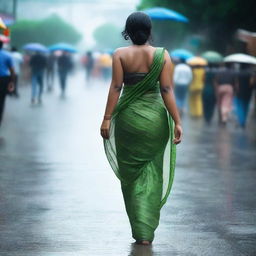 An Indian woman with a curvy body wearing a tight saree and sleeveless blouse, drenched in rain