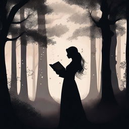 A front view silhouette of a woman in a royal dress holding an old book, set in a mystical, very dark, dense, and large forest