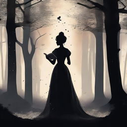 A front view silhouette of a woman in a royal dress holding an old book, set in a mystical, very dark, dense, and large forest