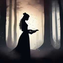 A front view silhouette of a woman in a royal dress holding an old book, set in a mystical, very dark, dense, and large forest