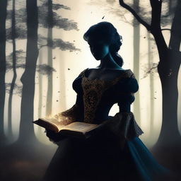 A front view silhouette of a woman in a royal dress holding an old book, set in a mystical, very dark, dense, and large forest