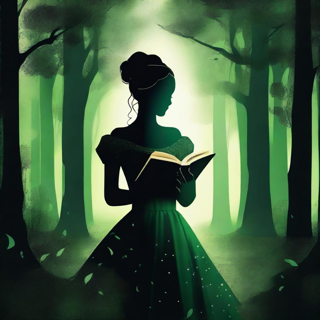 A front view silhouette of a woman in a royal dress holding an old book, set in a mystical, very dark, green, dense, and large summer forest