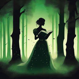 A front view silhouette of a woman in a royal dress holding an old book, set in a mystical, very dark, green, dense, and large summer forest