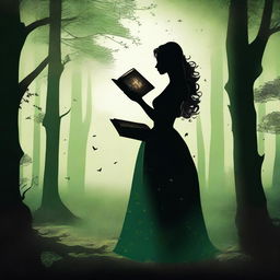 A front view silhouette of a woman in a royal dress holding an old book, set in a mystical, very dark, green, dense, and large summer forest