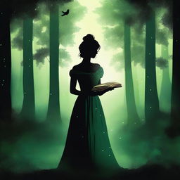 A front view silhouette of a woman in a royal dress holding an old book, set in a mystical, very dark, green, dense, and large summer forest