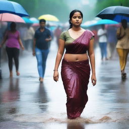 An Indian woman with a curvy body wearing a tight saree and sleeveless blouse, drenched in rain