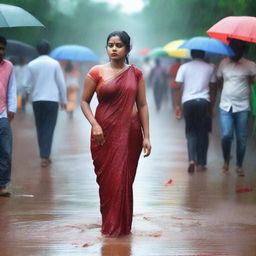 An Indian woman with a curvy body wearing a tight saree and sleeveless blouse, drenched in rain