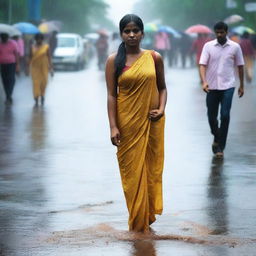 An Indian woman with a curvy body wearing a tight saree and sleeveless blouse, drenched in rain