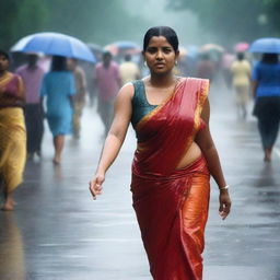 An Indian woman with a curvy body wearing a tight saree and sleeveless blouse, drenched in rain