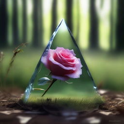 A very detailed and realistic image of a shard of glass reflecting a rose, with a rose on top lying in the grass of a dark summer forest