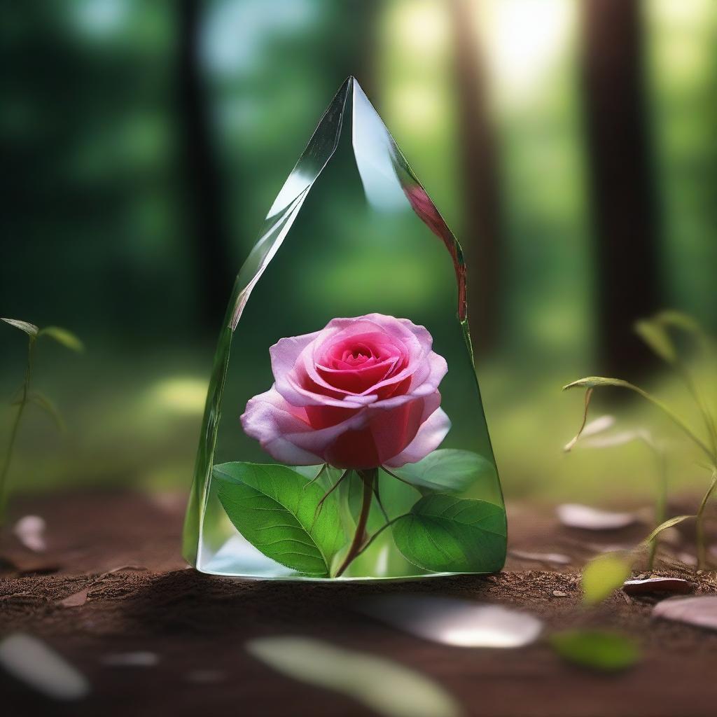 A very detailed and realistic image of a shard of glass reflecting a rose, with a rose on top lying in the grass of a dark summer forest