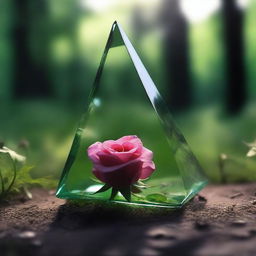 A very detailed and realistic image of a shard of glass reflecting a rose, with a rose on top lying in the grass of a dark summer forest