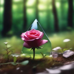 A very detailed and realistic image of a shard of glass reflecting a rose, with a rose on top lying in the grass of a dark summer forest