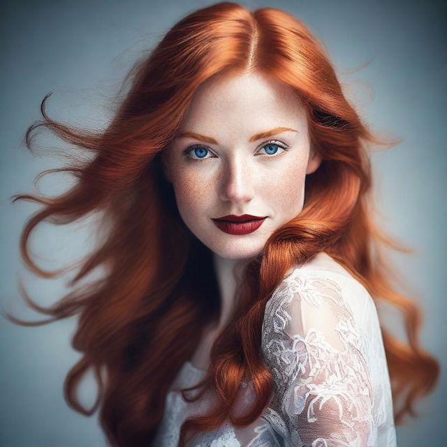 Create an image of a very attractive redhead girl with striking features