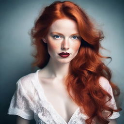 Create an image of a very attractive redhead girl with striking features