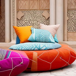 Outdoor seating arrangement, inspired by intricate Arabic design details and lines, featuring plush cushions, geometric structures, and ornate patterns in vibrant colors.