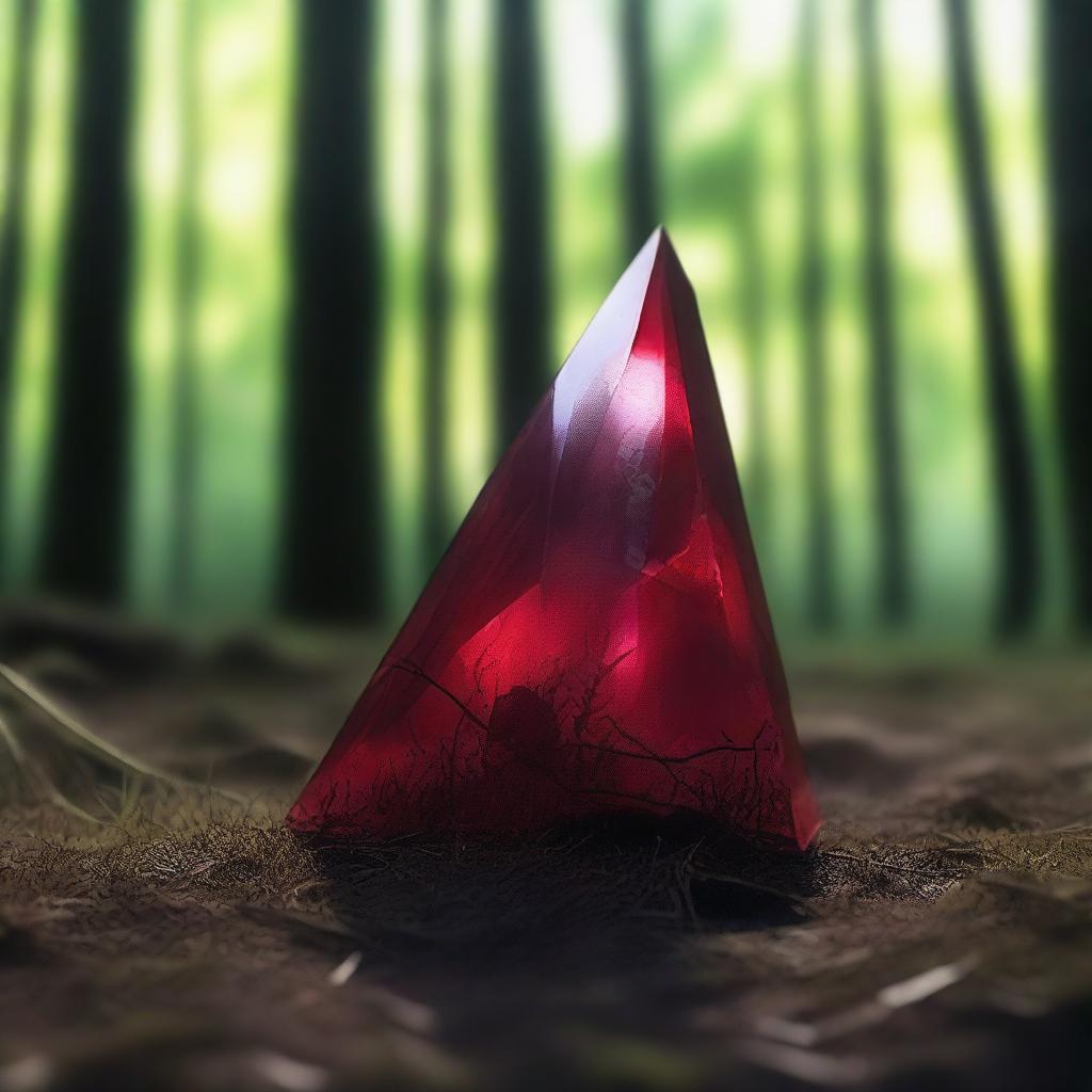 A shard of glass with rose-red blood on top of it, lying in the green grass of a very dark forest