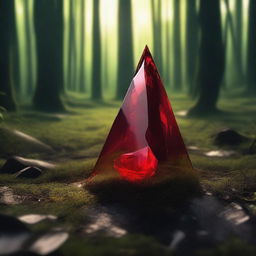 A shard of glass with rose-red blood on top of it, lying in the green grass of a very dark forest