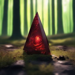 A shard of glass with rose-red blood on top of it, lying in the green grass of a very dark forest