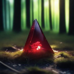 A shard of glass with rose-red blood on top of it, lying in the green grass of a very dark forest