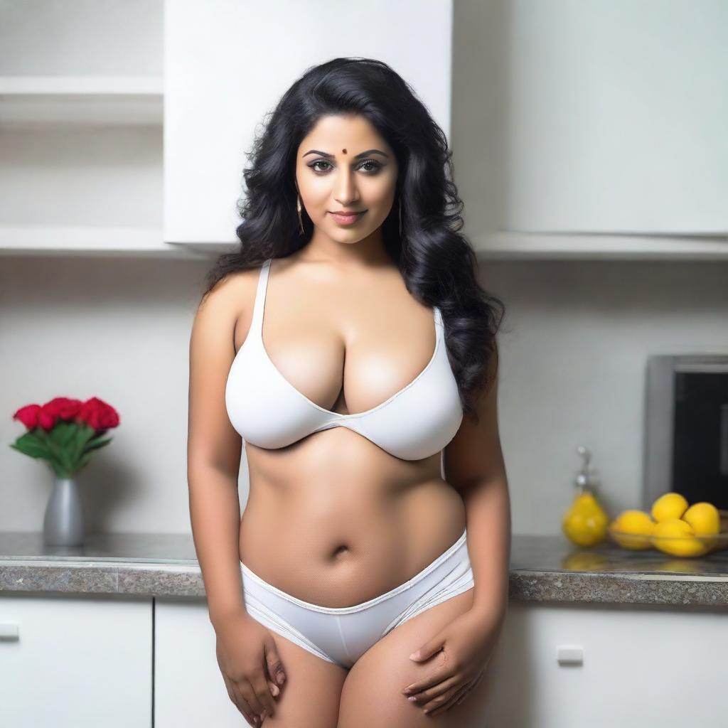 An Indian woman with a curvy body wearing a very short, tight, white bra