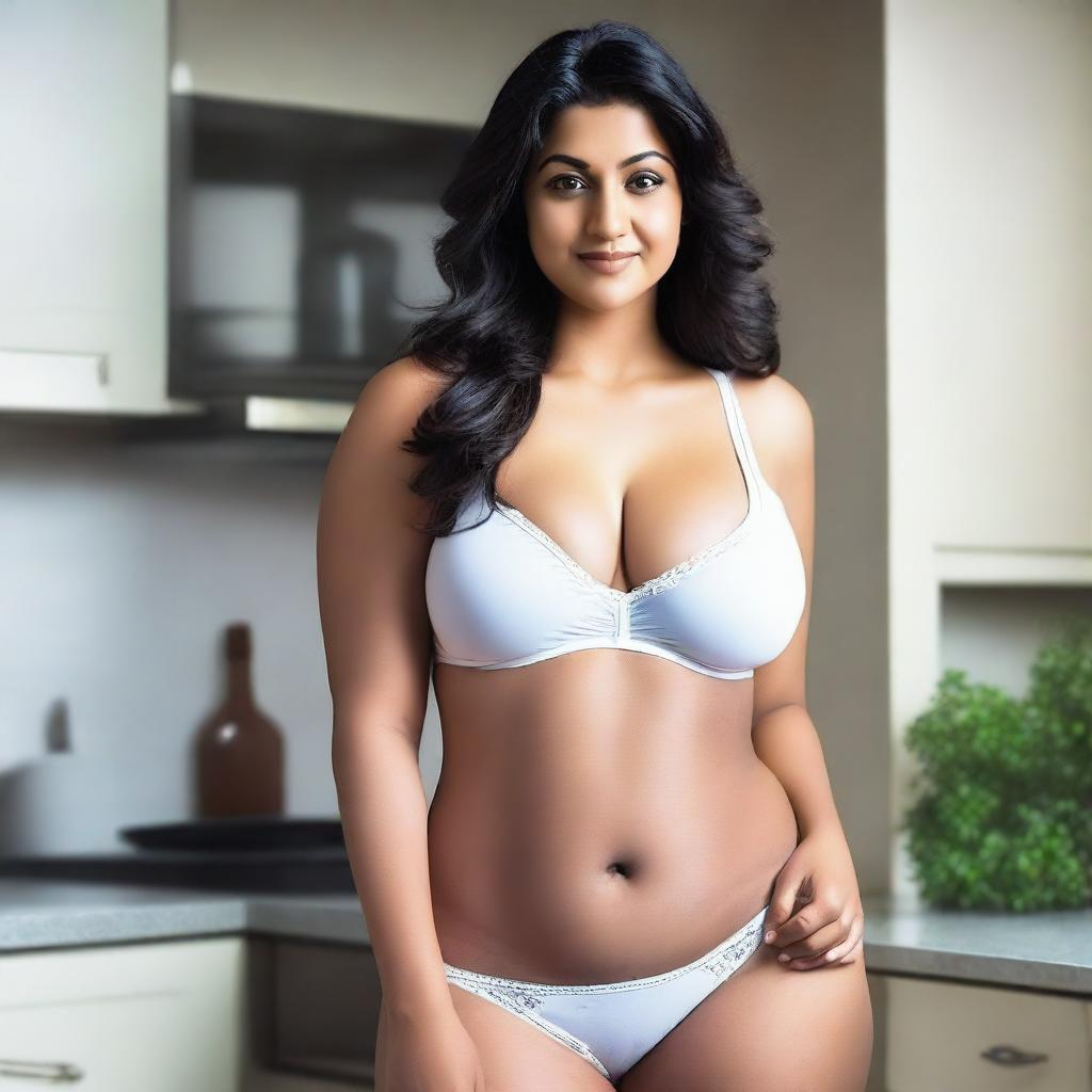 An Indian woman with a curvy body wearing a very short, tight, white bra