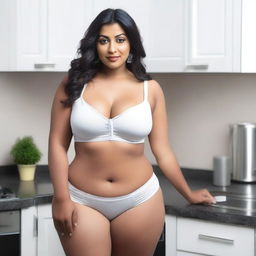 An Indian woman with a curvy body wearing a very short, tight, white bra