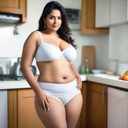 An Indian woman with a curvy body wearing a very short, tight, white bra