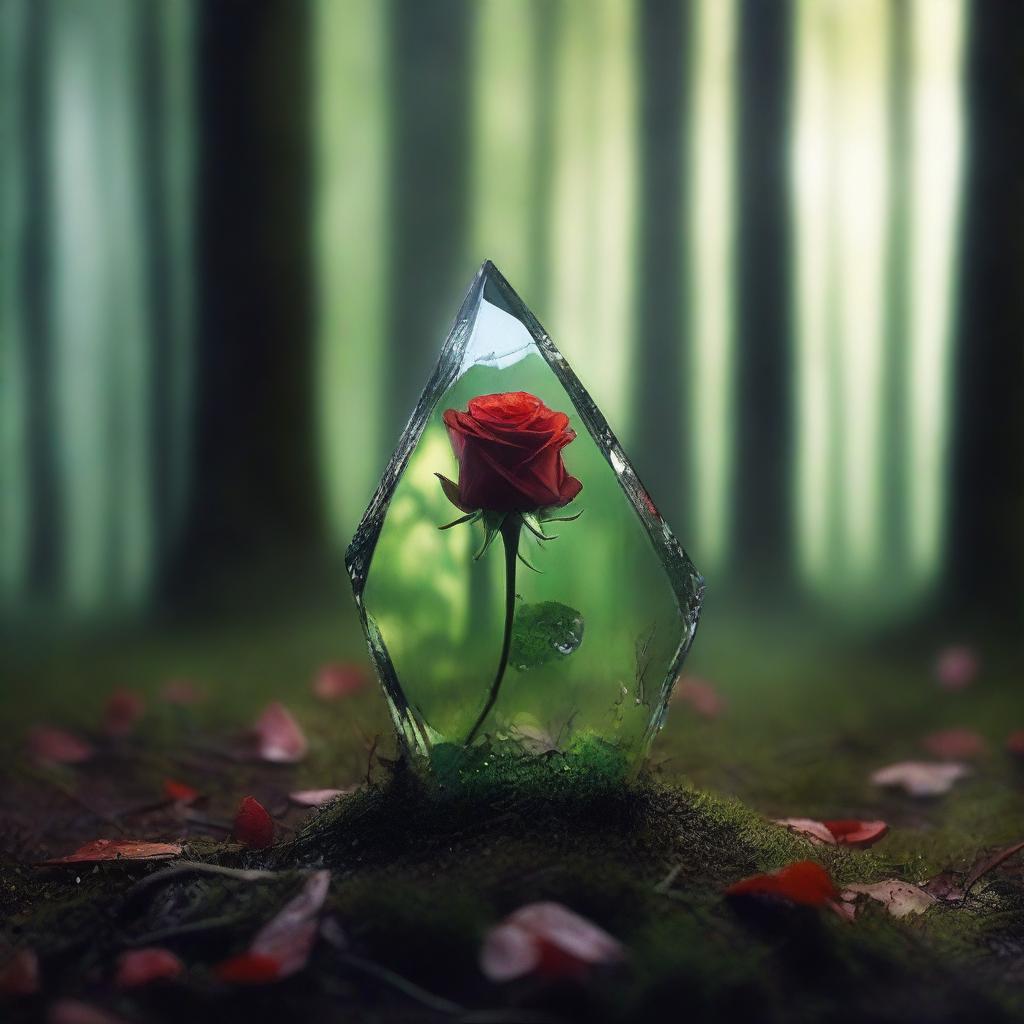 A shard of broken glass with a blood-red rose on top, thrown onto the green grass of a gloomy and dark forest