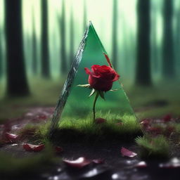 A shard of broken glass with a blood-red rose on top, thrown onto the green grass of a gloomy and dark forest