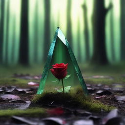 A shard of broken glass with a blood-red rose on top, thrown onto the green grass of a gloomy and dark forest