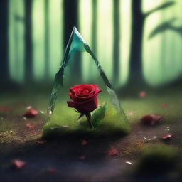 A shard of broken glass with a blood-red rose on top, thrown onto the green grass of a gloomy and dark forest