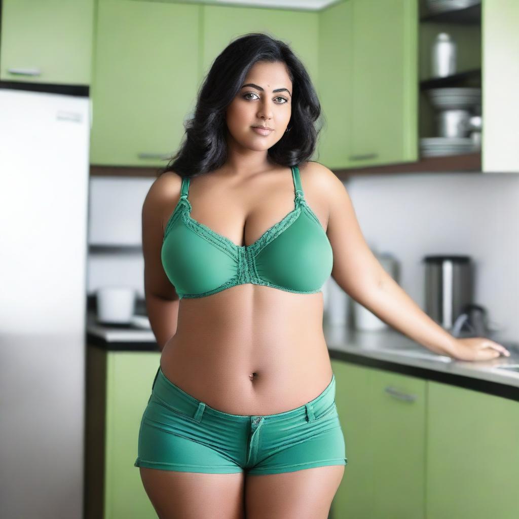 An Indian woman with a curvy body wearing a very short, tight, green bra