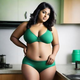 An Indian woman with a curvy body wearing a very short, tight, green bra