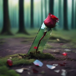 A shard of broken glass with a blood-red rose lying on top, thrown onto the green grass of a gloomy and dark forest