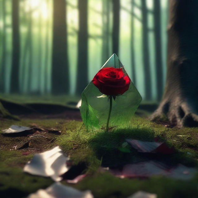 A shard of broken glass with a blood-red rose lying on top, thrown onto the green grass of a gloomy and dark forest