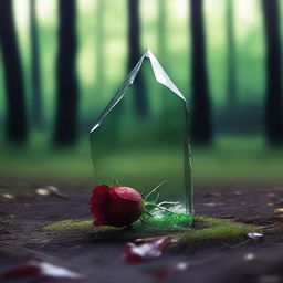 A shard of broken glass with a blood-red rose lying on top, thrown onto the green grass of a gloomy and dark forest