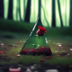 A shard of broken glass with a blood-red rose lying on top, thrown onto the green grass of a gloomy and dark forest