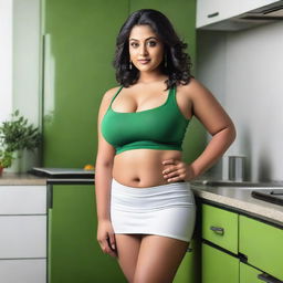 An Indian woman with a curvy body wearing a very short, tight, white skirt and a green bra